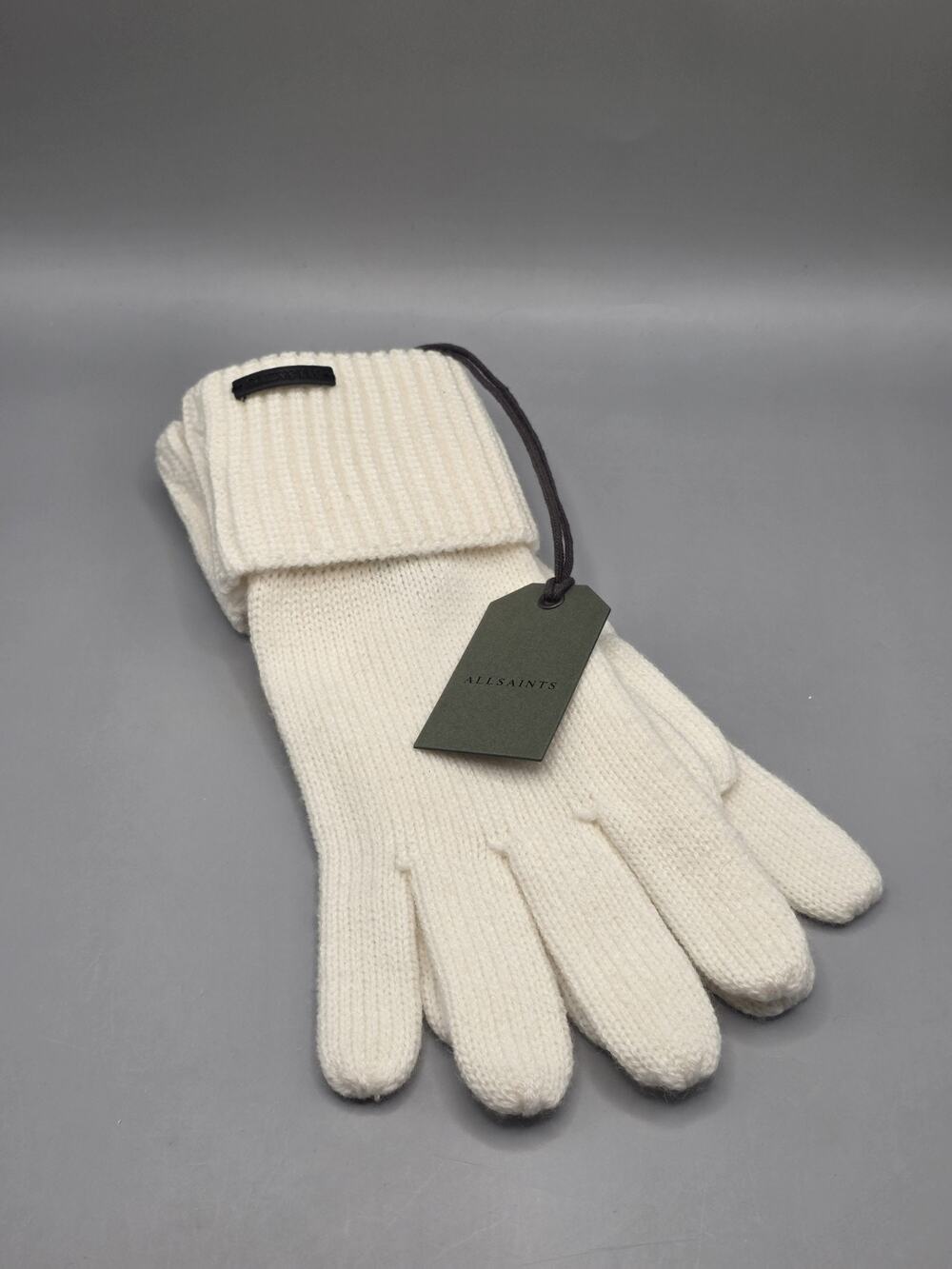 ALLSAINTS Cream White Traveling Rib Foldover Cuff Knit Gloves Wool Blend NWT